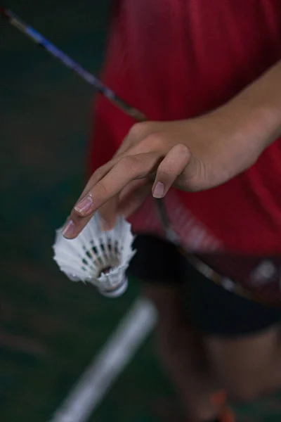 Two badminton players stand on opposite sides of the court, their rackets at the ready as they prepare to serve in a competitive badminton match at the Jambi Badminton Hall.