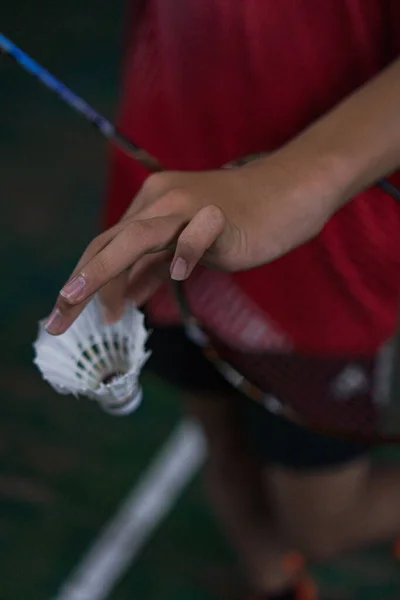 Two badminton players stand on opposite sides of the court, their rackets at the ready as they prepare to serve in a competitive badminton match at the Jambi Badminton Hall.