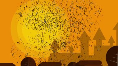Halloween Trick or Treat Card with Orange Sky, Houses, and Bats