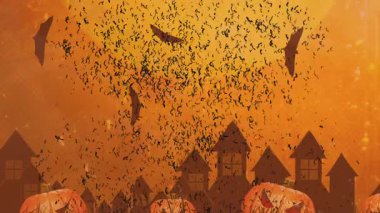 Halloween Trick or Treat Card with Orange Sky, Houses, and Bats