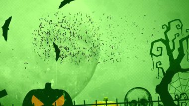 Cadılar Bayramı Başlığı: Yeşil Arkaplan ve Yapraklarla Mutlu Cadılar Bayramı