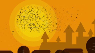 Cadılar Bayramı Başlığı: Portakal Gökyüzü, Evler ve Yarasalarla Mutlu Cadılar Bayramı