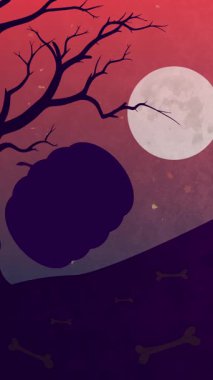 Süpürgede uçan cadı, dolunay ve balkabağı siluetiyle dikey Cadılar Bayramı Sahnesi