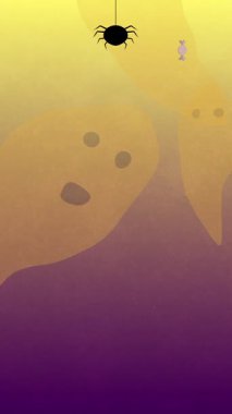 Örümcekler, Yarasa Siluetleri ve Mor Arkaplanda Sarı Ay ile Dikey Cadılar Bayramı Animasyon Sahnesi