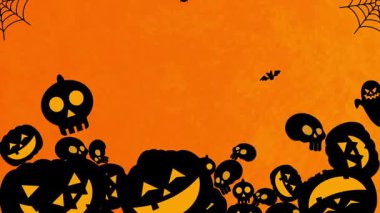 Fenerler, Kurukafalar, Yarasalar ve Turuncu Arkaplanda Örümcek Ağı ile Cadılar Bayramı Animasyon Sahnesi