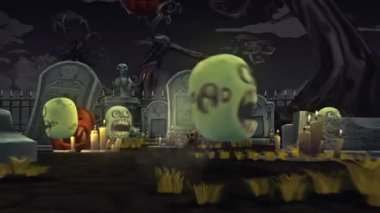 Spooky Halloween Cemetery Scene with Glowing Skulls and Tombstones.