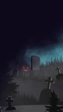 Spooky Halloween Night Cemetery and Haunted House Scene.