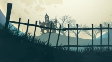 Spooky Halloween Night with Haunted House Pumpkin Scarecrow and Full Moon.