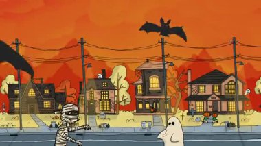 Halloween Night Scene with Mummy and Ghost in Spooky Town.