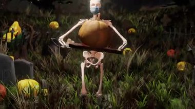 A skeleton prepares a pumpkin for Halloween, surrounded by spooky decorations and a full moon.