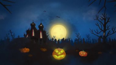 A spooky Halloween night scene featuring a haunted house, glowing pumpkins, and a full moon in a dark sky.