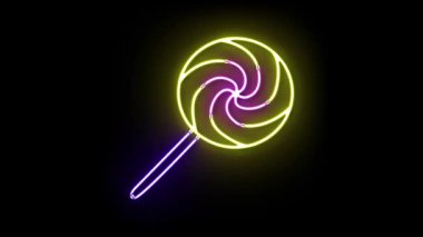 A bright neon lollipop with yellow and purple lights on a black background.