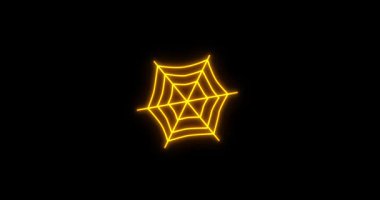 A bright orange neon spider web glows eerily against a solid black background, creating a spooky and atmospheric effect.