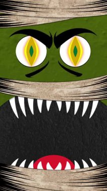 A close-up illustration of a scary green monster's face wrapped in bandages, with glowing yellow eyes and sharp teeth. Ideal for Halloween themes.
