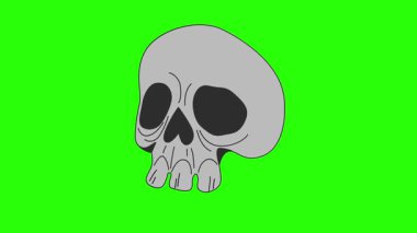 A cartoon-style skull rotates and moves on a vibrant green screen background, perfect for chroma key effects.