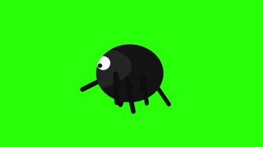 A simple 2D animation of a cute black one-eyed monster or spider walking on a green screen background for chroma keying and visual effects.
