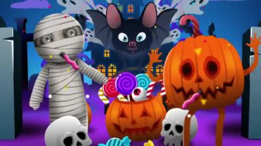 Animated Halloween scene featuring a mummy, bat, pumpkins, and skulls. Perfect for Halloween-themed content and spooky fun.