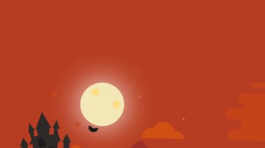 A spooky Halloween scene with a full moon, bats, pumpkins, and a haunted castle.
