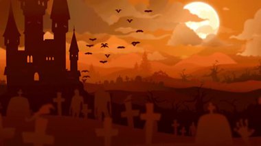 A spooky Halloween night scene featuring a haunted castle, a graveyard with tombstones, flying bats, and a full moon in an orange sky.