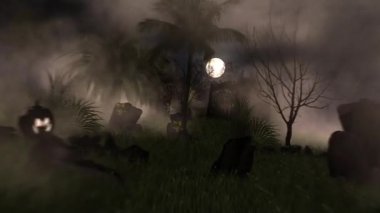 Eerie and mysterious footage of a haunted graveyard at night, with a full moon, dense fog, and creepy silhouettes of trees and graves.