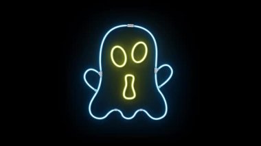 A neon ghost decoration glows in the dark, perfect for Halloween. The ghost has a surprised expression with glowing eyes and mouth.