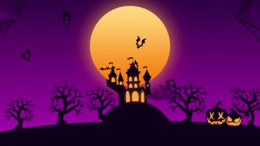 A dark and eerie Halloween scene featuring a silhouette of a haunted castle, bare trees, and jack-o'-lanterns under a large, glowing full moon.