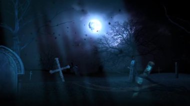 A haunting image of a graveyard at night, illuminated by a bright full moon.