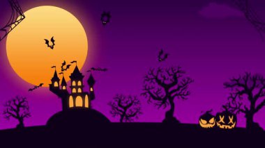 A dark and eerie Halloween scene featuring a haunted castle, a large full moon, flying bats, and jack-o'-lanterns.