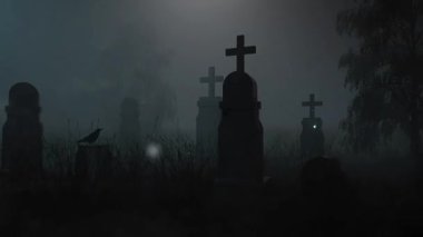 A dark and eerie graveyard scene at night, shrouded in thick fog, with silhouettes of tombstones and crosses creating a haunting atmosphere.
