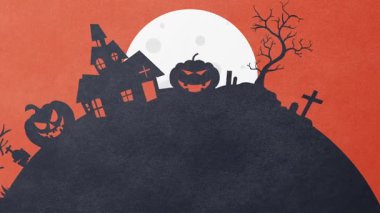 A silhouette of a haunted house on a hill under a full moon, with jack-o-lanterns and spooky trees, perfect for Halloween.