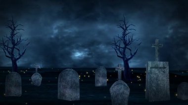 Karanlık ve ürkütücü bir Cadılar Bayramı sahnesi. Perili bir ev, parlayan balkabakları, çıplak ağaçlar ve bulutlu bir gökyüzünün altında bir mezarlık..