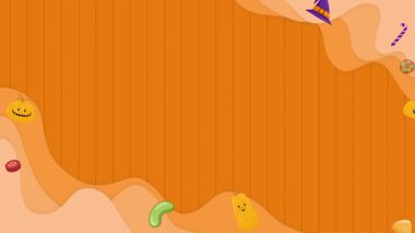 Turuncu arka planda Cadılar Bayramı şekerleri ve balkabağı karakterleri.