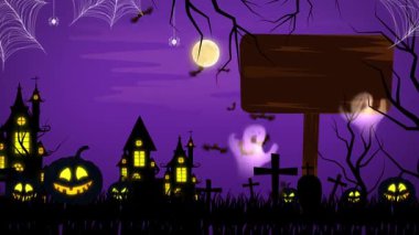 Lanetli evler ve balkabaklarıyla Cadılar Bayramı Gecesi.