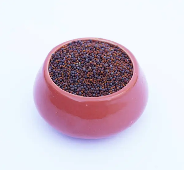 Hardal tohumlarını kapat / Rai veya kahverengi hardal tohumlarını küçük bir tabakta koyu Gotik renklerde beyaz bir yüzeye koy..