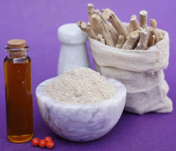 Ashwagandha Kuru Kök, Withania Somnifera, Ashwagandha, Indian Ginseng, Poison Gooseberry veya Winter Cherry olarak da bilinir. Mor Arkaplanda İzole Edildi.