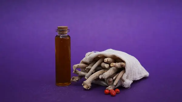 Ashwagandha Kuru Kök ve yağ Withania Somnifera, Ashwagandha, Indian Ginseng, Poison Gooseberry veya Winter Cherry olarak da bilinir. Mor Arkaplanda İzole Edildi.