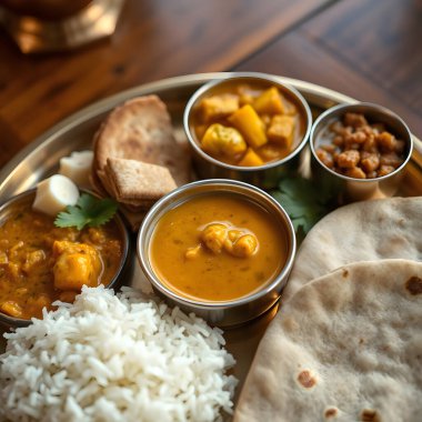 Hint yemeği thali, pilav, roti ve köri yemekleri..