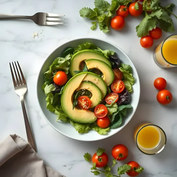 Taze avokado, kiraz, roka ve zeytin salatası. Vejetaryen yemeği. Sağlıklı beslenme kavramı. Üst görünüm.