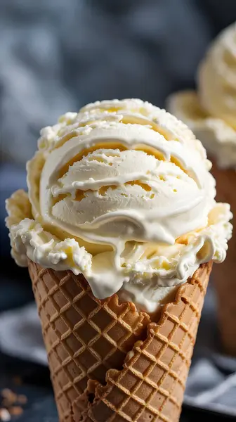 Vanilyalı dondurma kepçeli bir Waffle Cone.