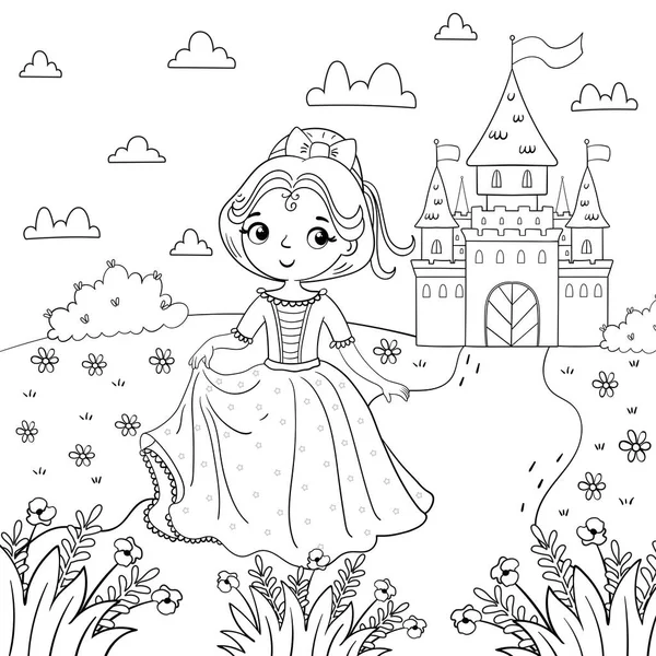 Büyülü Bir Kalenin Arka Planında Bir Kız Bir Prensesle Boyama — Stok Vektör