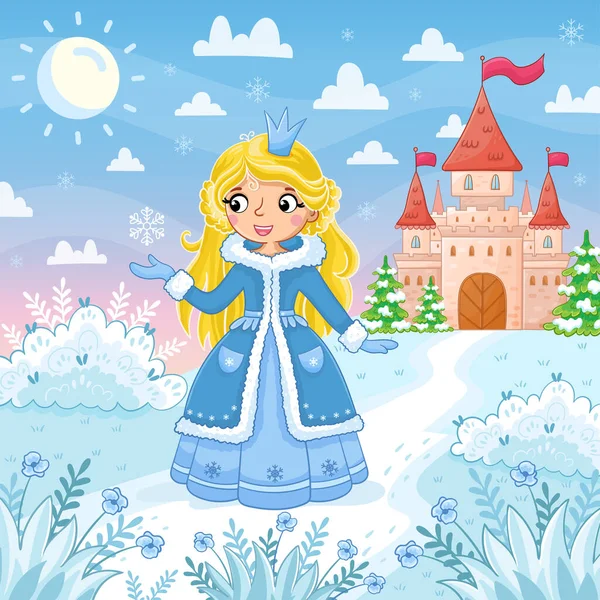 Cute Little Girl Księżniczka Niebieskiej Pięknej Sukience Tle Zimowym Zamku — Wektor stockowy