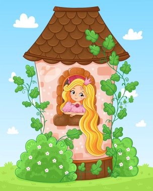 Fairy Tale scene with cute princess in the tower illustration. Vector illustration in a cartoon style