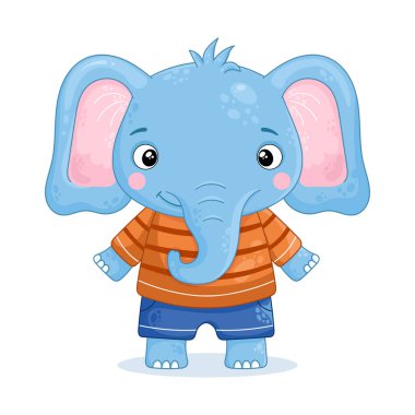 Baby boy elephant stands and smiles in a clothes. Cute animal on a white background. Vector illustration in a cartoon style