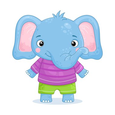 Baby boy elephant stands and smiles in a clothes. Cute animal on a white background. Vector illustration in a cartoon style