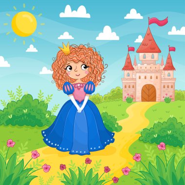 Cute little girl in a blue beautiful dress stand on a background of a castle in a green meadow. Vector illustration in a cartoon style