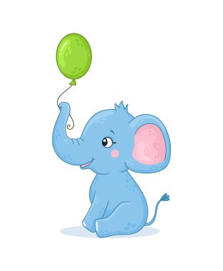 Yavru fil bir balonla oturuyor. Beyaz arka planda sevimli bir hayvan. Çizgi film tarzında vektör illüstrasyonu