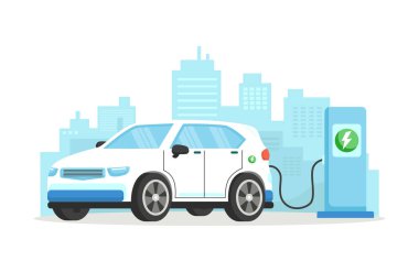 Elektrikli araba bataryasını şehrin arka planına karşı şarj ediyor, yeşil çevre, ekoloji, sürdürülebilirlik, temiz hava, gelecek için konsept çizimi. Düz biçimli vektör illüstrasyonu