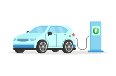 Elektrikli araba aküsünü şarj ediyor. Düz bir şekilde izole edilmiş vektör çizimi. Yeşil çevre, ekoloji, sürdürülebilirlik, temiz hava, gelecek.