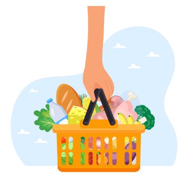 Taze ürünlerle dolu alışveriş sepeti. Süpermarketten alışveriş yap. Düz biçimli vektör illüstrasyonu