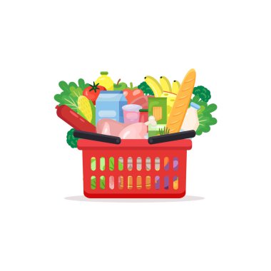 Market sepeti, farklı yiyecek ve içeceklerle dolu bir alışveriş sepeti. Düz stil, tasarım şablonu.